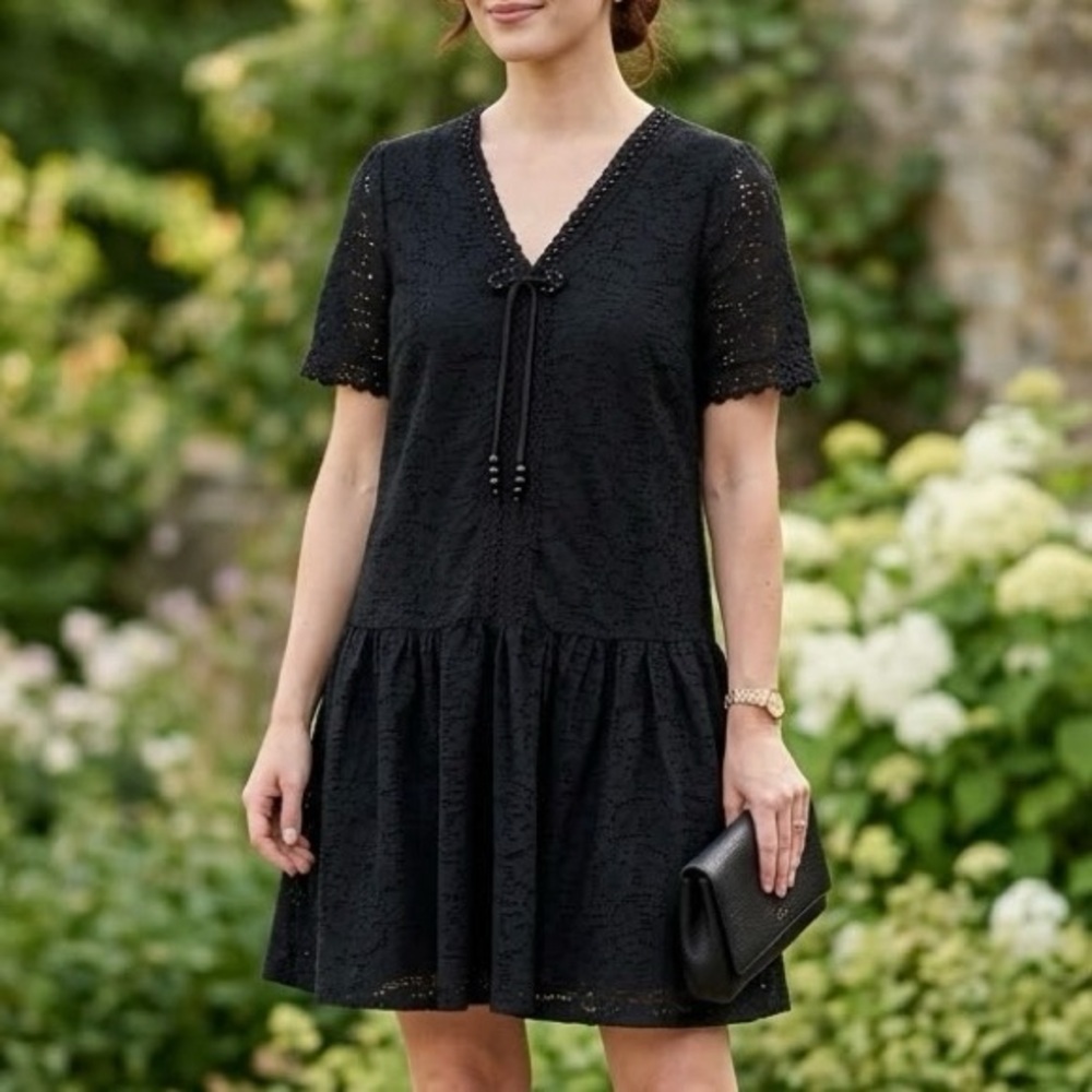 NWT Black Eyelet Lace Mini Dress V-Neck Tie Front Tassel Boho Cottagecore Chic